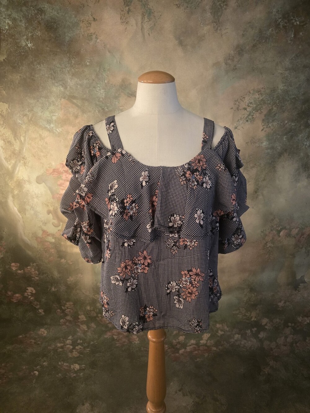 Roomates Gingham Floral Cold Shoulder Blouse S